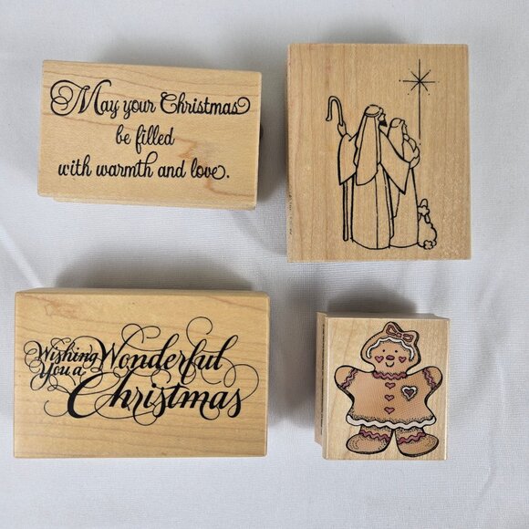 Set of 4 Christmas Themed Rubber Stamps and Black Ink Pad NWT - Picture 2 of 7